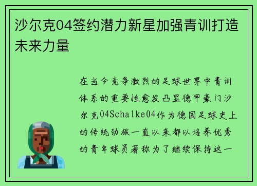 沙尔克04签约潜力新星加强青训打造未来力量